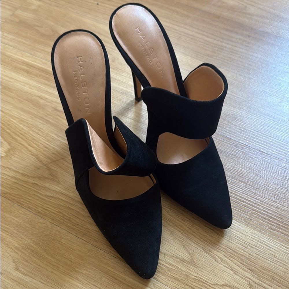 Halston Heritage Heels Black Suede Stiletto Mules Colette Size 7 Leather